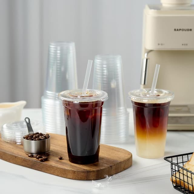 Detalle de Turbo Bee 200 Sets 24 oz Clear Plastic Cups with Lids and Straws (Disposable To-Go Iced Coffee Cups)