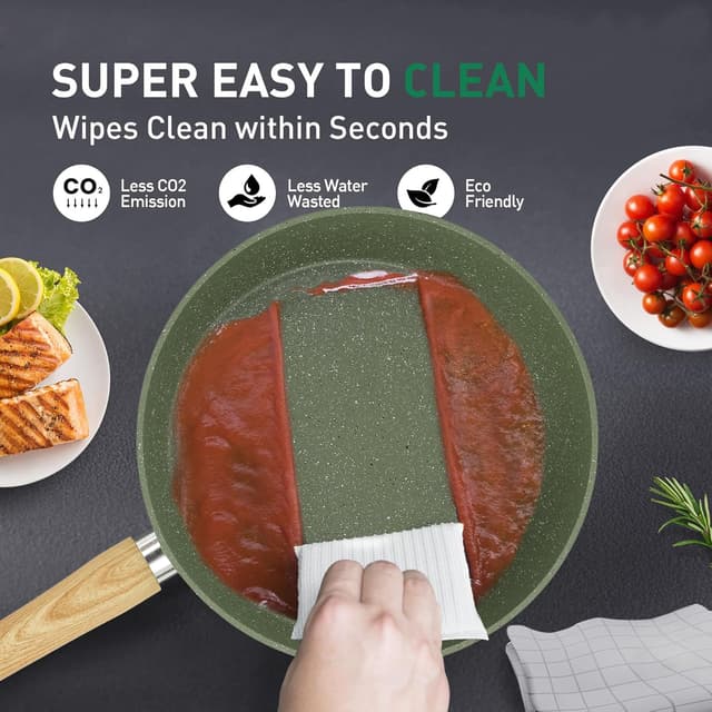 Detalle de Kitchen Academy Topfset 30-teiliges Induktions-Kochgeschirr mit Glasdeckeln und Granitbeschichtung (Grün), inkl. Pfannen & Töpfe