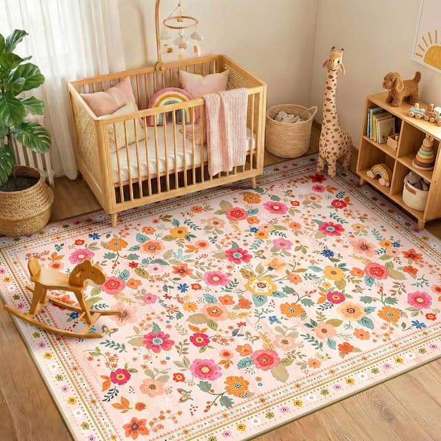 Detalle de INOVADAY Tapis lavable 120x180 cm Style bohème à poils courts, antidérapant imprimé floral (rose/beige)