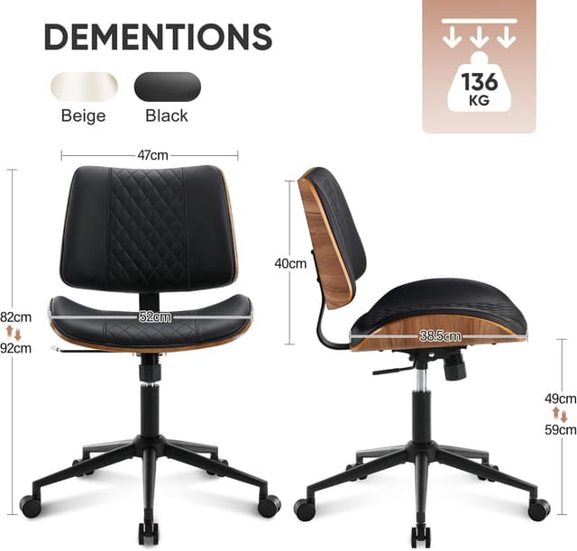 Detalle de BERYTH Bürostuhl ohne Armlehne mit Leder-Optik, Holz-Panel und Wippfunktion (bis 136 kg), 360° drehbar – Schwarz