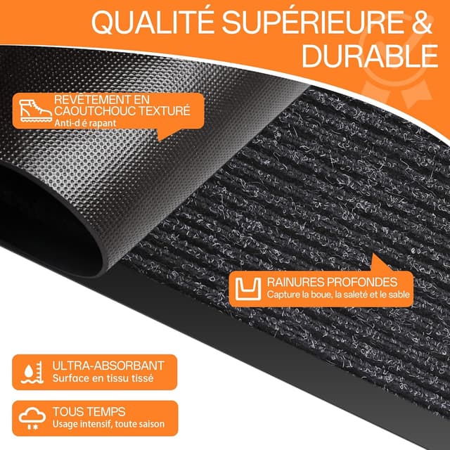 Detalle de HOMEK Paillasson d’extérieur pour entrée 60 x 180 cm noir – grand tapis anti-boue et anti-humidité