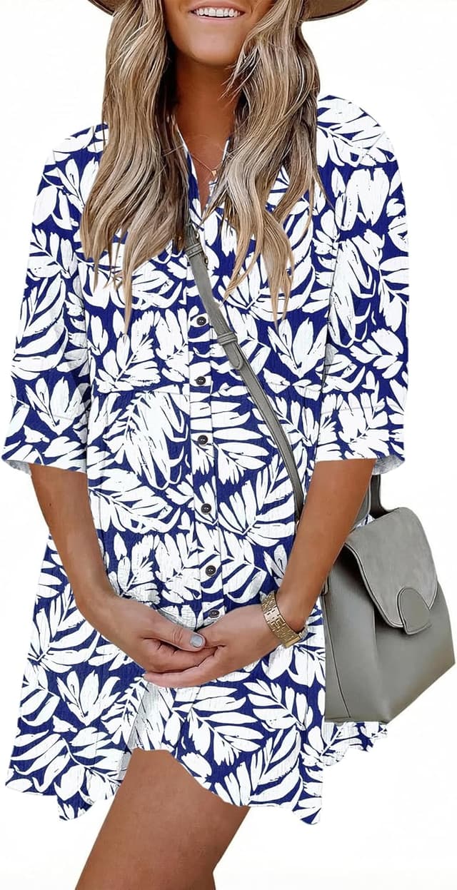 Detalle 2 de WNEEDU robe chemise femme d’été à manches 3/4, taille empire et poches (courte devant/plus longue derrière)