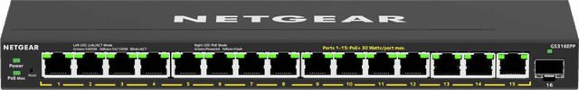 Detalle de Netgear GS316EP Managed Switch mit 15 PoE-Ports und SFP für smarte Netzwerke