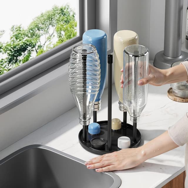 Detalle de Emil Flaschen Flaschenhalter für SodaStream – Keramik-Abtropfständer mit Wanne für 5 Crystal-Flaschen in Schwarz