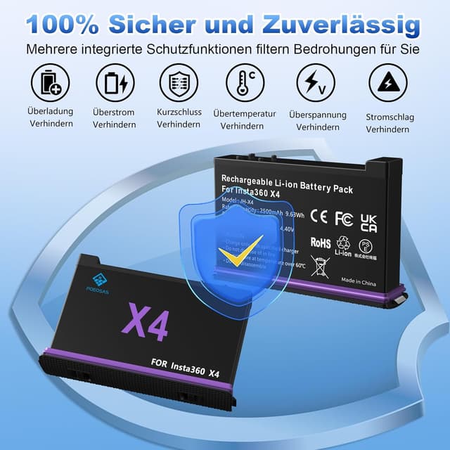 Detalle de POEOSAS 360 X4 Akku für Insta360 X4 – 2er-Set 2500 mAh + 3-Kanal USB‑C Schnellladegerät