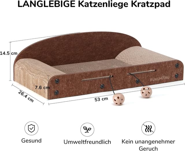 Detalle de FUKUMARU 53,3 cm Karton-Katzenkratzer mit Glockenball-Spielzeug – Kratzbett für Indoor