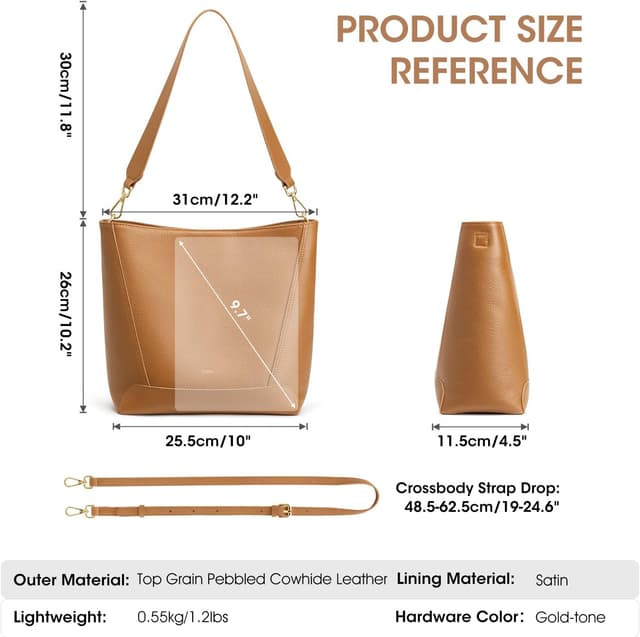Detalle de Kattee Top Grain Leather Bucket Handbag with Crossbody Strap (Medium Hobo Shoulder Bag)