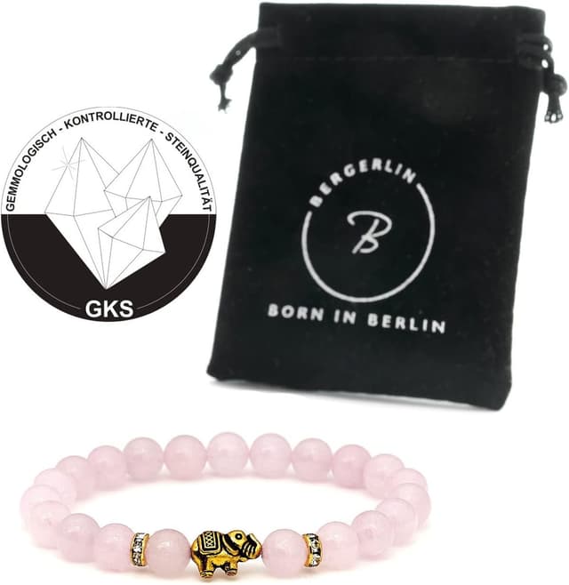 Detalle 2 de Elefant Rosenquarz-Armband mit Kristall-Highlights und Echtheitszertifikat (Naturstein geprüft in Deutschland)
