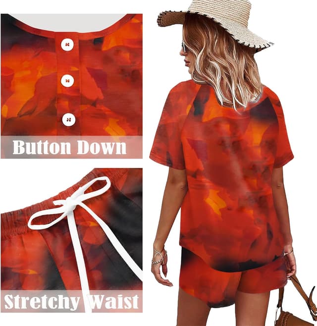 Detalle de WIHOLL Two-Piece Lounge Set for Women: Button-Down Top and Drawstring Shorts
