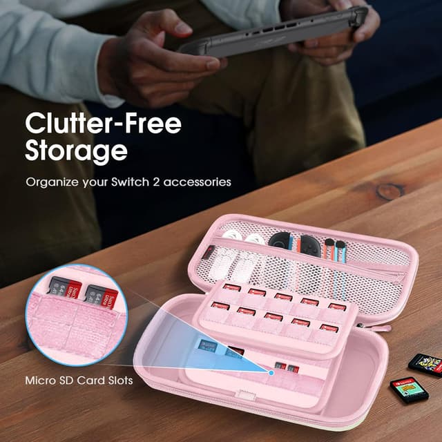 Detalle de FINTIE Tasche für Nintendo Switch 2 (2025) – EVA-Hülle mit Kartenhaltern, Netztasche und Rundum-Reißverschluss (Rosa Grün)