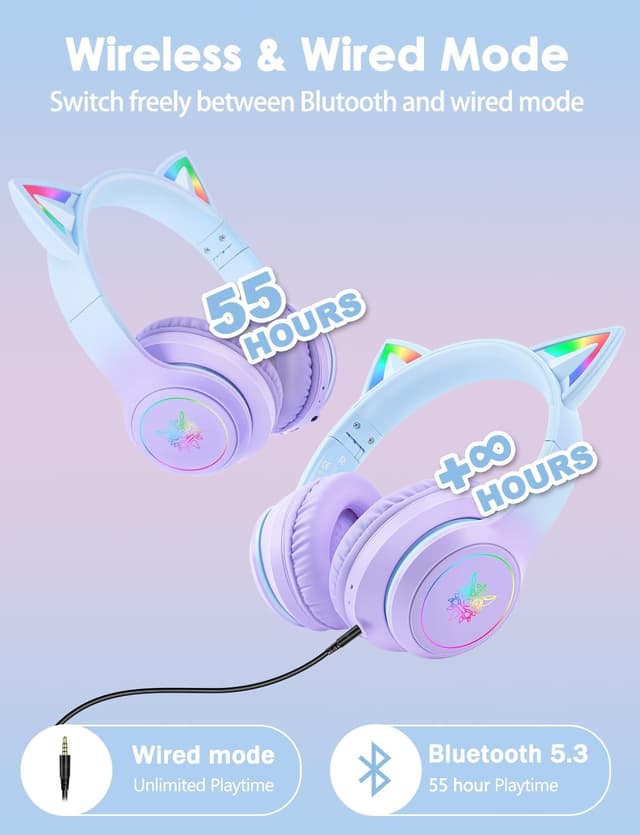 Detalle 2 de Cat Ear Bluetooth Headphones with LED Lights – Wireless over-ear headset with microphone, 55H playtime