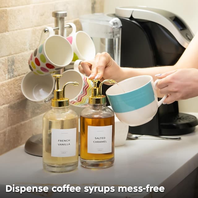 Detalle 2 de Spaceneat Coffee Syrup Dispenser with Pump (Glass) – 500 ml bottles, gold set with labels