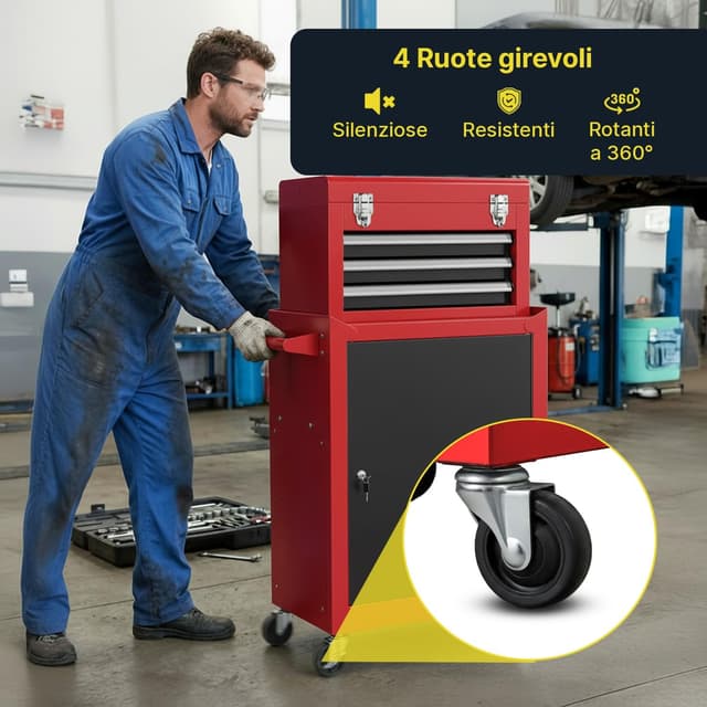 Detalle de DAIMANN carrello porta attrezzi professionale con 3 cassetti scorrevoli e armadietto con serratura (rosso)