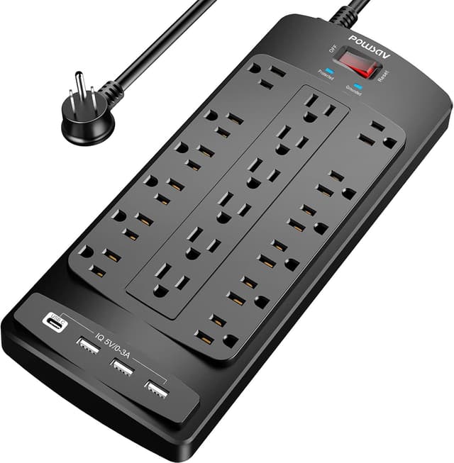 Detalle de POWSAV 18-Outlet Surge Protector Power Strip (6-Foot Flat Plug, 4 USB) — ETL Listed