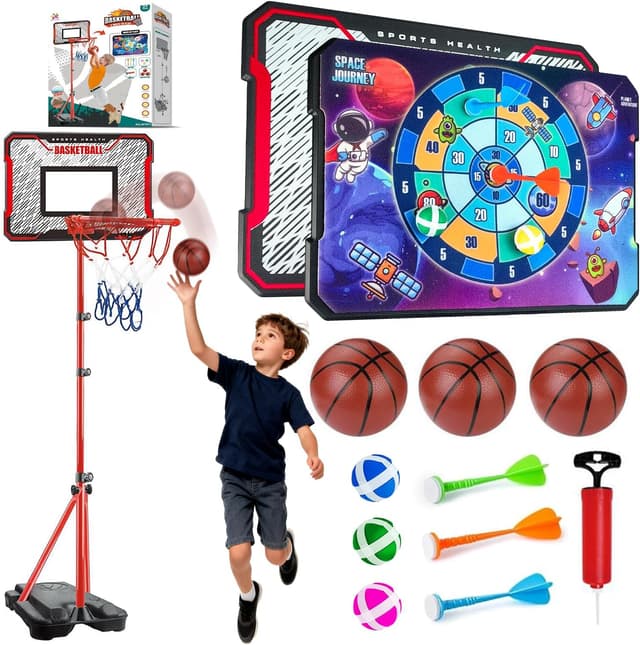 Detalle de Adjustable Kids Basketball Hoop & Dart Board Set (43–75 inches) – Indoor/Outdoor Play for Toddlers to Teens