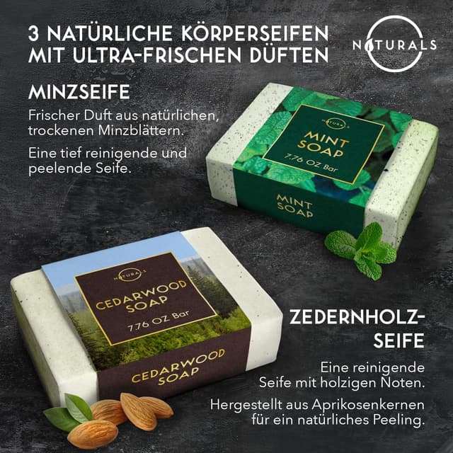 Detalle de O Naturals Seife für Männer (afrikanische Schwarze, Zedernholz, Minze) – 3er Set, 7.7 oz