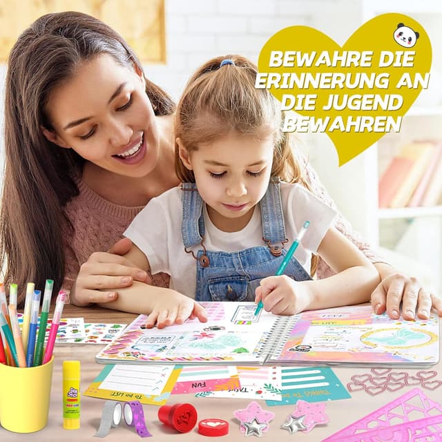 Detalle 2 de 2er-Set Mega DIY Tagebuch Set für Mädchen (Spiraljournale, Bastel- & Scrapbook-Zubehör) – Geschenk ab ca. 8–14 Jahre