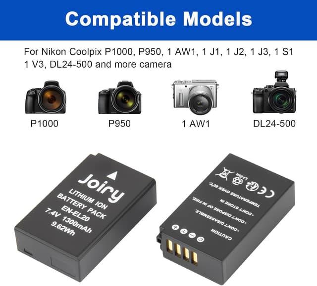 Detalle de Joiry 2x EN-EL20 / EN-EL20a battery and charger set for Nikon Coolpix cameras (1300 mAh)