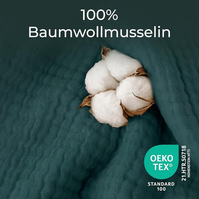 Detalle 2 de Dreamzie Musselin Tagesdecke 150x200 cm (Baumwolle, Oeko-Tex zertifiziert) – Petrolgrün