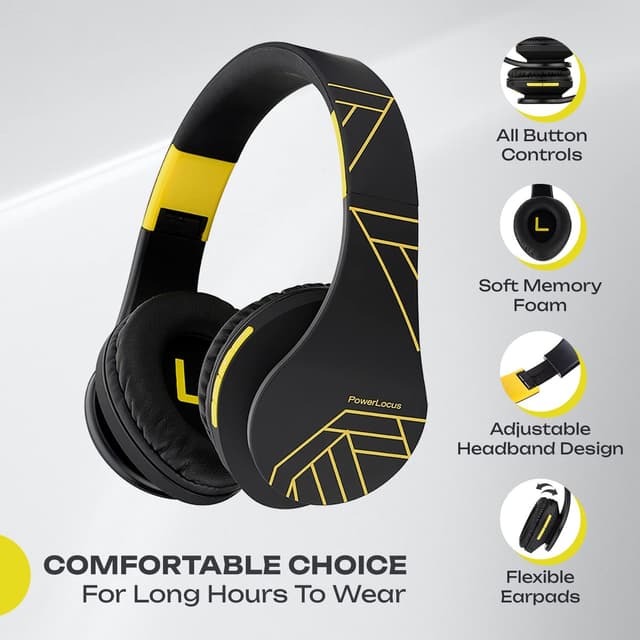 Detalle de PowerLocus Bluetooth Over-Ear Headphones (Black/Yellow) with Mic, Foldable Design, Micro SD/TF and Wired Mode