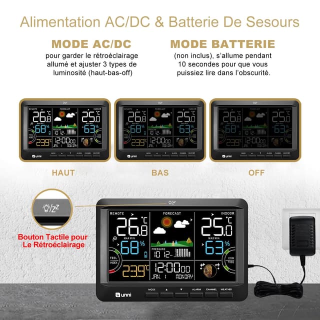 Detalle de Station météo sans fil BLA : thermomètre intérieur/extérieur avec hygromètre, chaleur rosée et rétroéclairage réglable