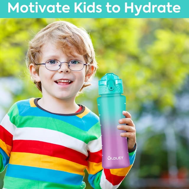 Thumbnail 6 de Oldley 450ml/15oz kids water bottle with straw lid, time markings and one-touch opening (BPA-free, leakproof)