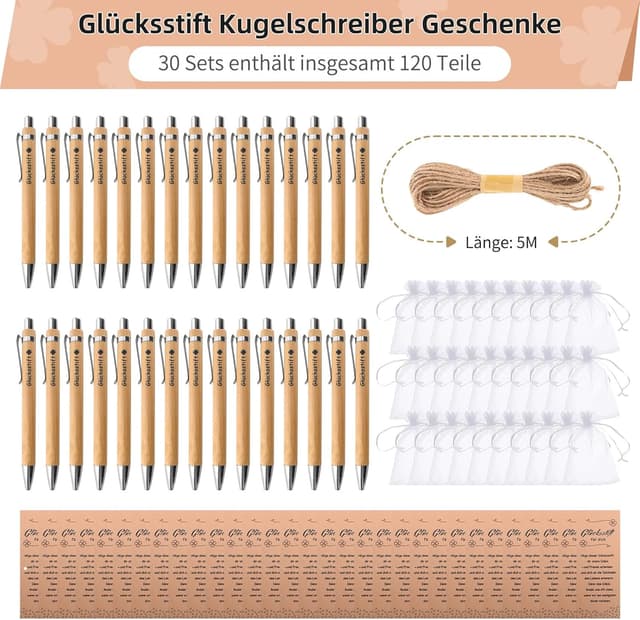 Detalle de GADITIEK 30 Sets Gastgeschenke zur Hochzeit – Glücksstifte aus Holz mit „Lucky Pen“, Organza-Beuteln & Grußkarten