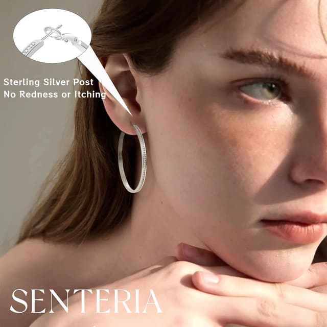 Detalle 2 de SENTERIA Creolen aus Sterling Silber 925 mit 3 mm Breite und kubischem Zirkonia (30/40/50/60/70 mm)