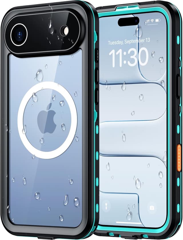 Detalle de Red2Fire iPhone Air Case Waterproof (IP68) with Built-in Screen & Camera Protector, MagSafe Compatible, Full-Body Shockproof — Blue/Clear (6.5 in)