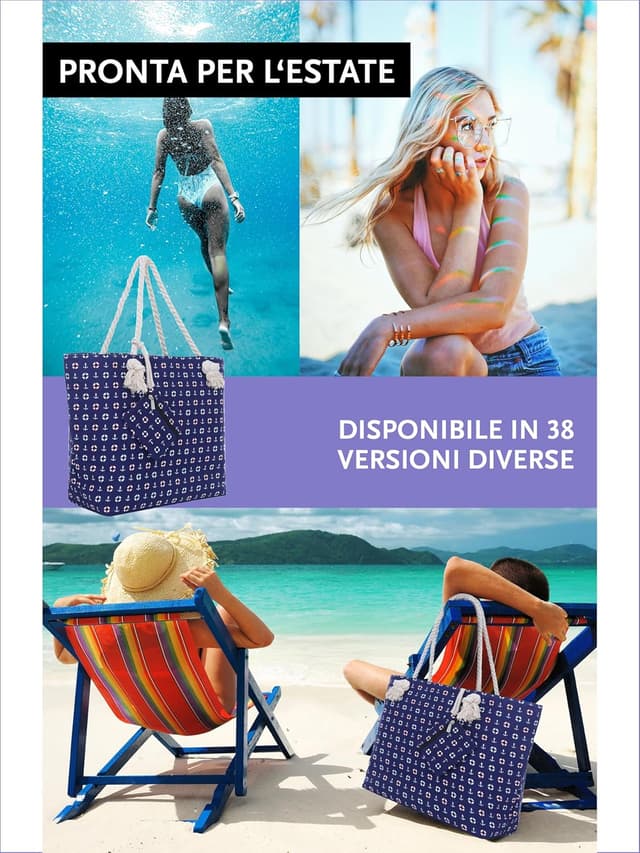 Detalle de DonDon Borsa da spiaggia grande con chiusura zip 58 x 38 x 18 cm stile marinaro yacht