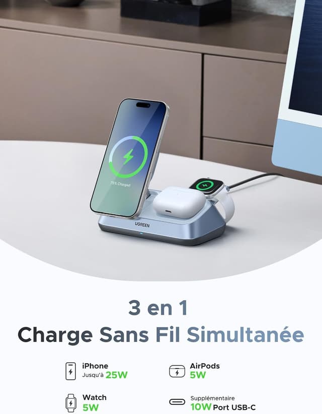 Thumbnail 2 de UGREEN MagFlow 3 en 1 Qi2 25W Chargeur sans fil