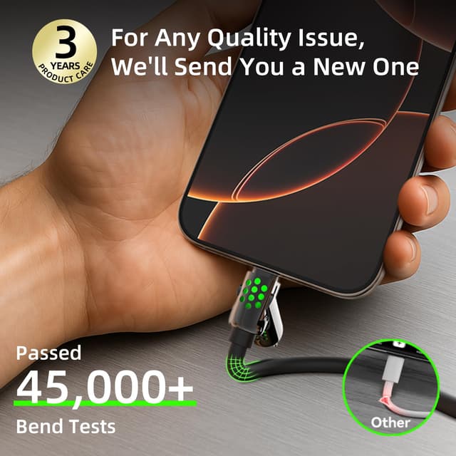 Detalle de MFish 4-in-1 Fast Charging Cable with Case (6.6FT, 240W Max PD 3.1) USB-A/USB-C to USB-C/Lightning, RGB Light, CarPlay Compatible, Black