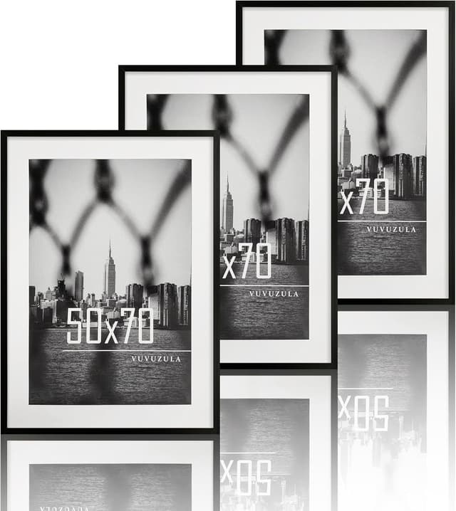 Detalle de VUVUZULA Bilderrahmen 50x70 cm Schwarz im 3er-Set mit Passepartout – Posterrahmen aus Kunststoff