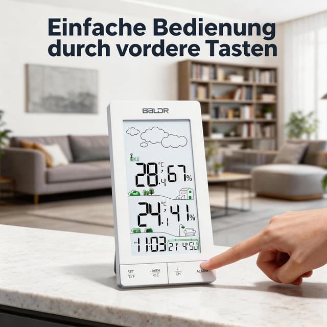 Detalle de Konsen Wetterstation Funk für Innen/Außen mit Außensensor (DCF) – Thermometer/Hygrometer mit Beleuchtung & Wettervorhersage in Weiß