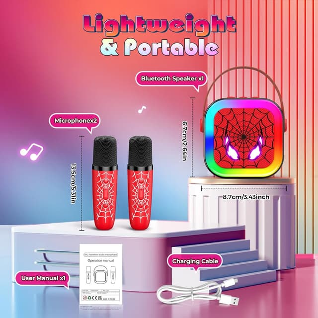 Detalle de Braxel Karaoke Machine with 2 Wireless Microphones (Spider-themed) for Kids