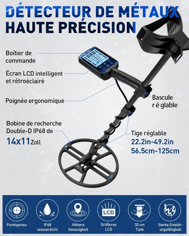 Detalle de Hazlewolke Détecteur de métaux professionnel – bobine DD étanche 14'' et mode localisation, profondeur jusqu’à 33 cm, 4 modes