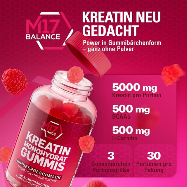 Detalle 2 de Creatin Monohydrat Gummibärchen mit 5.000 mg pro Portion – zuckerfreie Kreatin-Gummis vegan & glutenfrei (30 Portionen, Himbeere)