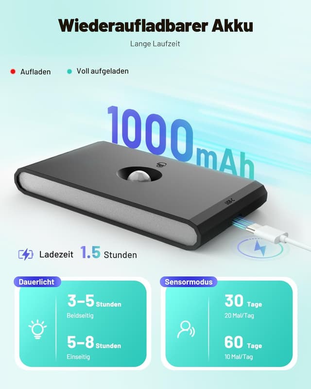 Detalle de LED Nachtlicht mit Bewegungsmelder & Dämmerungssensor – 3 Modi, dimmbar, 3 Farbtemperaturen, wiederaufladbar (8er Set)