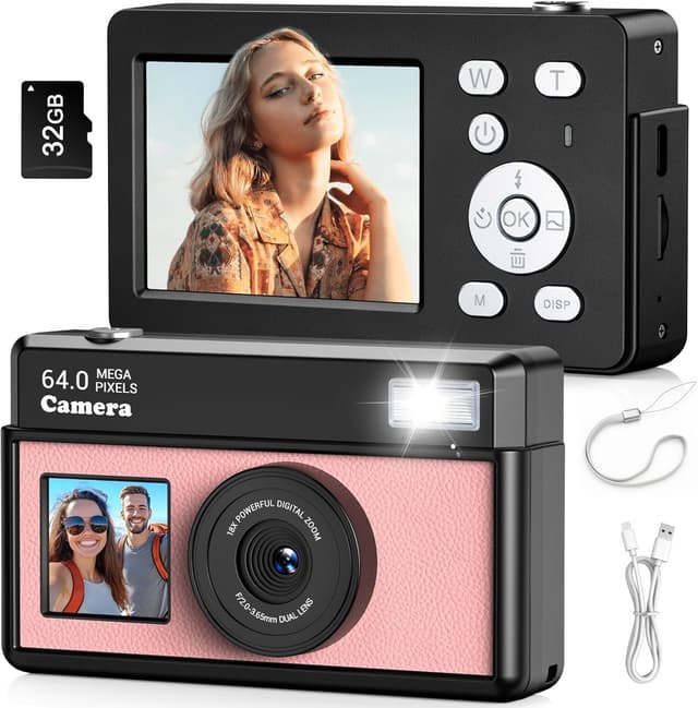 Detalle de Teoryieer Digital Camera (Black/Pink) – FHD 1080P compact point-and-shoot with dual cameras and 18X digital zoom