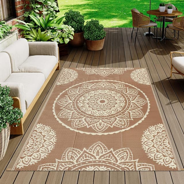 Thumbnail 6 de Famibay Outdoor Rugs Plastic Straw Waterproof Patio Rug (150 x 245 cm) – Reversible UV Resistant Indoor Outdoor Mat, Brown Beige