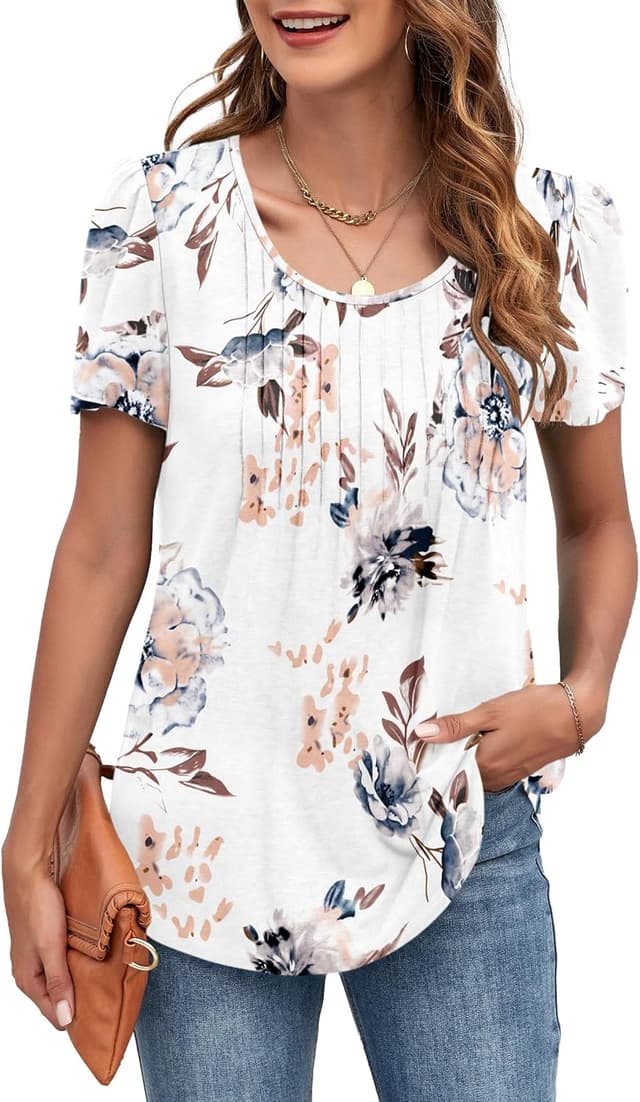 Detalle 2 de MOLERANI women’s round neck loose puff sleeve puff short sleeve pleated front summer T-shirt