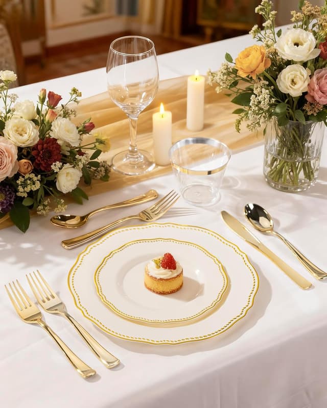 Detalle 2 de Hioasis 60pc Ivory & Gold Disposable Dinnerware Plates (7-inch) for Parties and Weddings