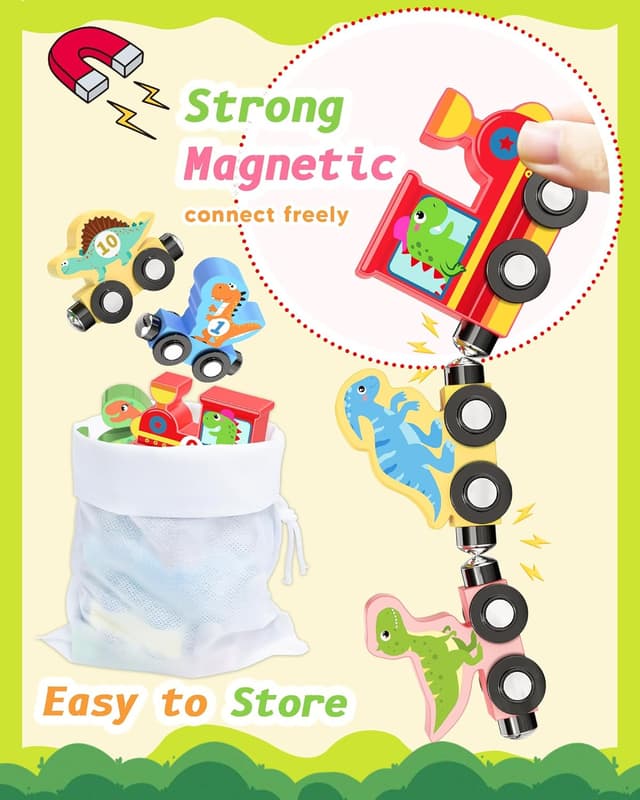 Detalle 2 de 11-Piece Magnetic Dinosaur Train Set (Montessori Wooden Learning Toys) for Ages 1–3