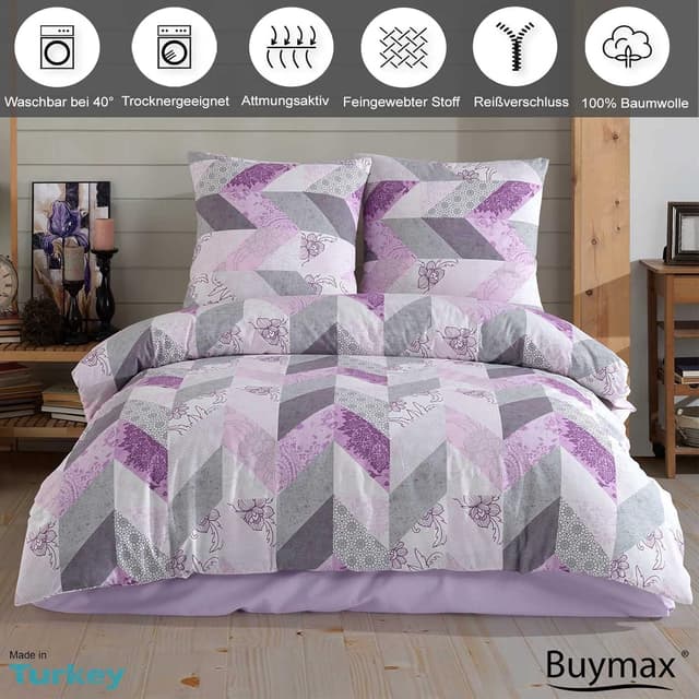 Detalle de Buymax® Bettwäsche-Set 200x220 cm aus 100% Baumwolle, 3-teilig mit Reißverschluss (2x Kissen 80x80)
