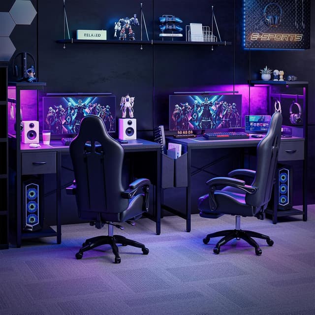 Detalle de Grandder scrivania gaming 100x50 cm con presa di corrente, luci LED e cassetto (nero)