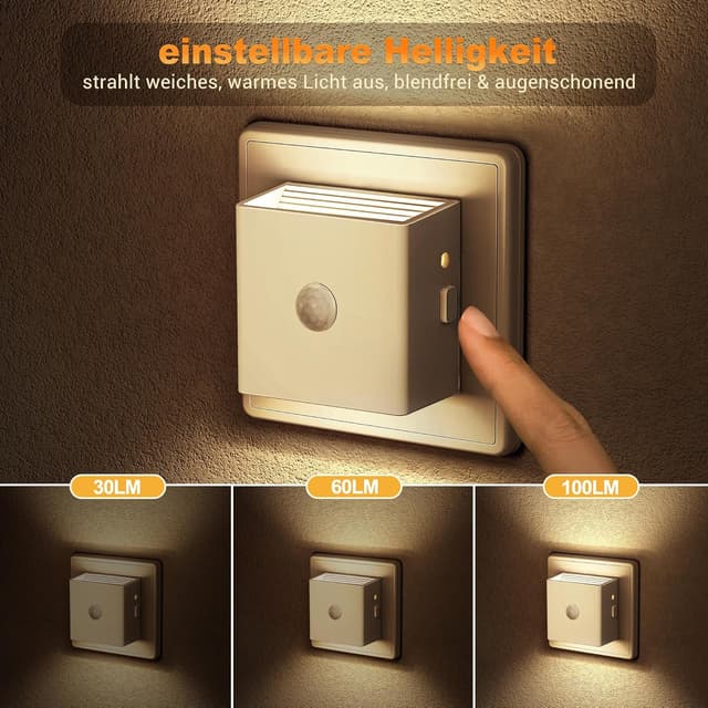 Detalle de Emeritpro Nachtlicht-Steckdose mit Bewegungsmelder & Dämmerungssensor, 3 Helligkeitsstufen, 2er-Set (Warmweiß)