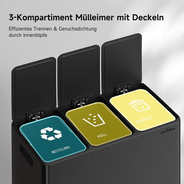 Detalle de mVm Küchen-Mülleimer 45 Liter mit 3 Fächern (3×15 Liter) und Softclose