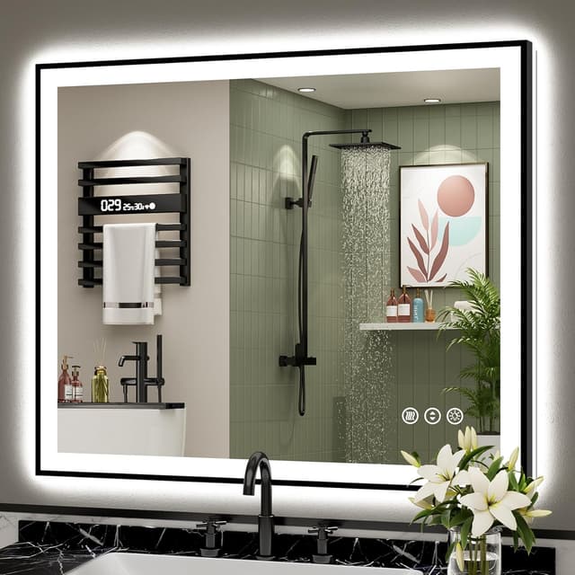 Detalle de AWANDEE 40x36 Black Framed LED Bathroom Mirror with Lights (Anti-Fog, Dimmable, Memory)