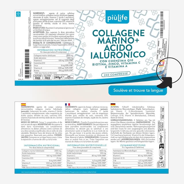 Thumbnail 6 de Collagène Marin + Acide Hyaluronique PiùLife (2000 mg) – gélules pour peau, cheveux et articulations