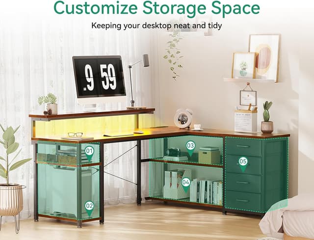 Detalle de ODK Corner Desk with Drawers (L-Shaped Gaming Desk) with LED Lights, Power Outlets and Reversible Layout